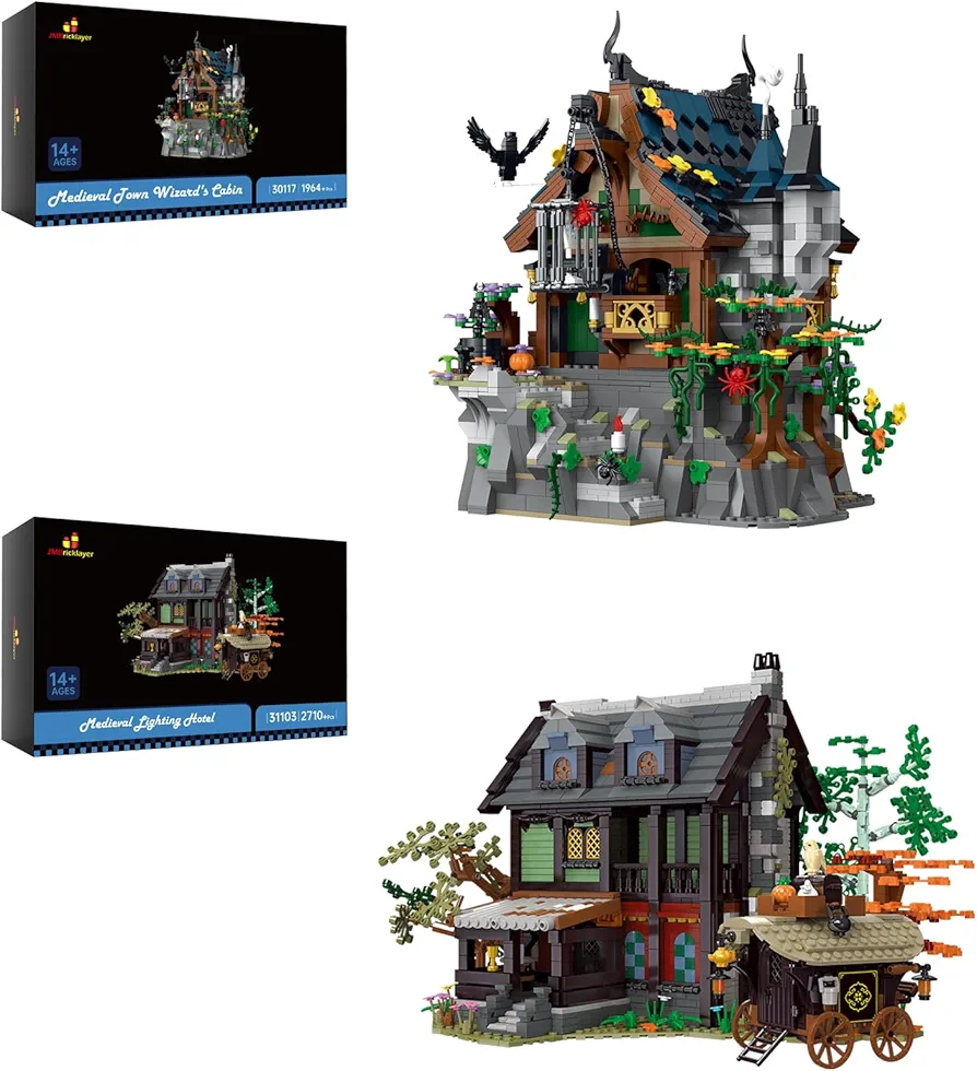 JMBricklayer Medieval Wizard's Cabin Building Set 30117 & Medieval Inn Building Set 31103, Collectible or Home Office Display, Ideas Gift for Girls Boys