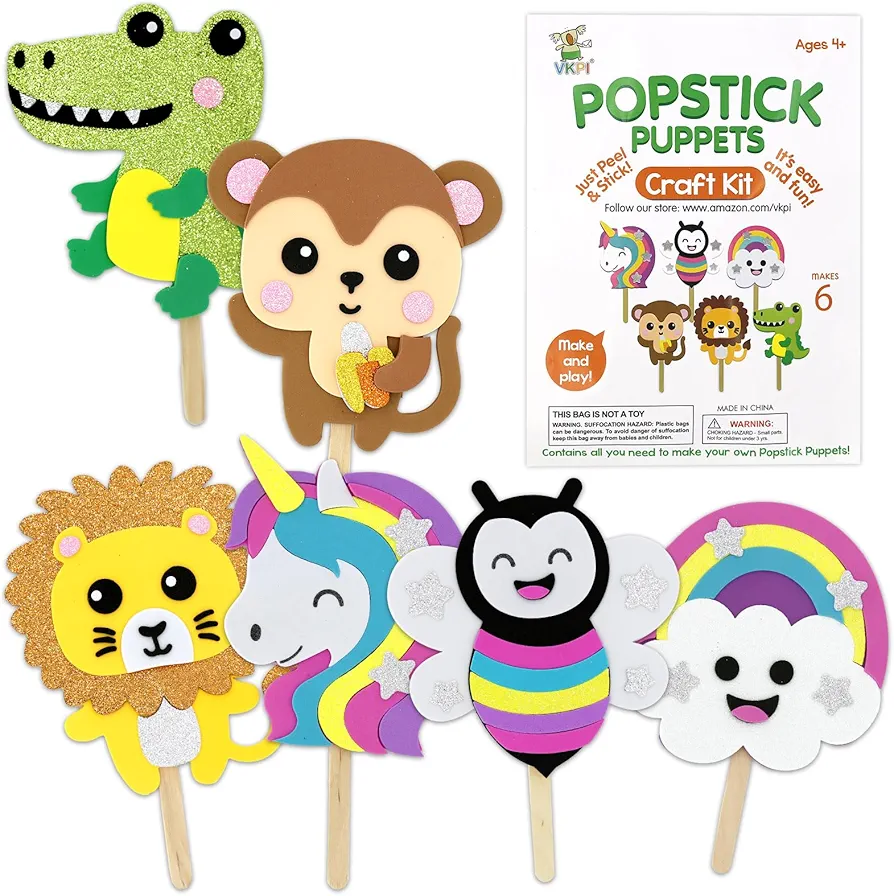 VKPI Make 6 Popstick Puppets Craft Kits for Kids, Foam Art Crafts Gift, Story Time Toys for Ages 4+ Toddler, Cloud, Animals, Preschool Projects Game Crafts, Birthday Party Favor Supplies