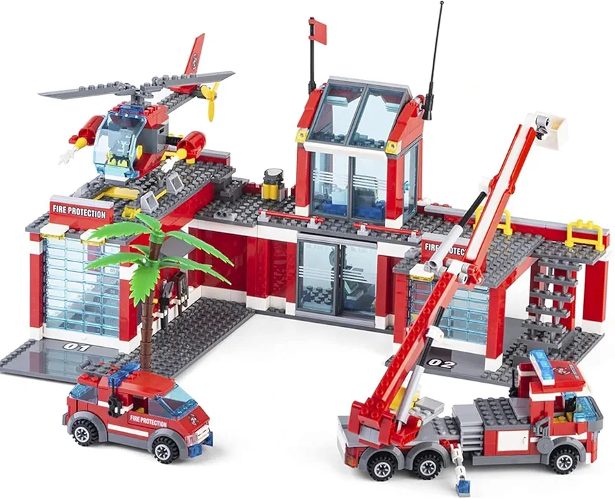 QLT QIAOLETONG City Fire Station Building Kit, 774 Pcs Building Set Including Fire Station, Fire Truck, Fire Helicopter,Fire Fighter, City Building Blocks STEM Toys Gift for Boys 6-10 Years Old.