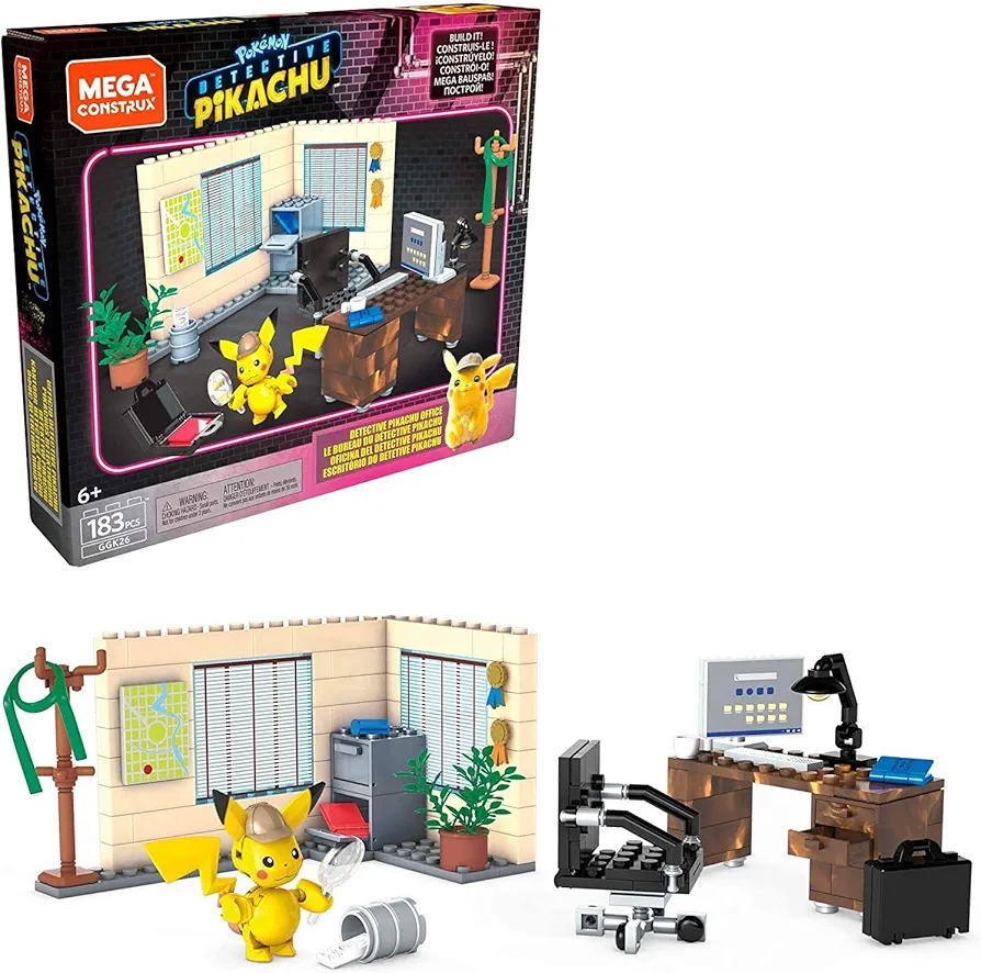 Mega Construx Pokemon Detective Pikachu Pikachu's Office Construction Set with character figures, Building Toys for Kids (183 Pieces)