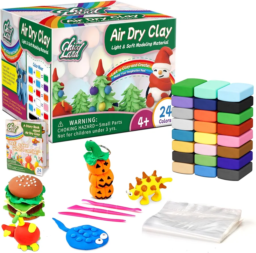 Chico Land Clay Kit - 24 Colors Air Dry Clay, Gift for Boys & Girls Age 4+ Year Old, DIY Model Modeling Clay kit for Kids, with Sculpting Tools, Storage Bags, Kids Art Crafts