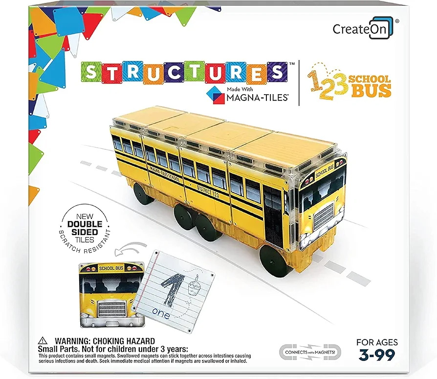 CreateOn Magna-Tiles Structure-Building Set for Kids, 123 School Bus Magnet Tiles, Magnetic Kids’ Building Toys, STEM Toys for Boys and Girls Ages 3+, 16 Pieces