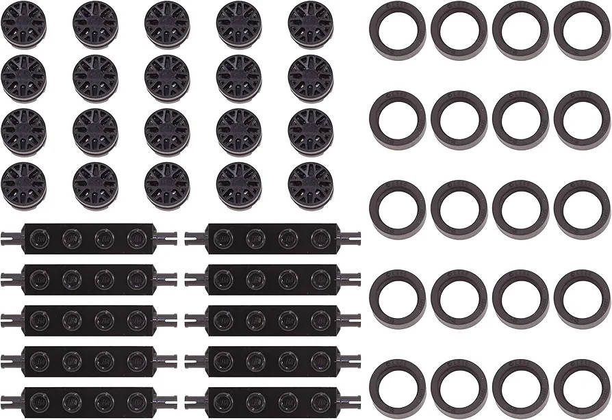 LEGO Parts and Pieces: 14x6mm Black Tire, Black Wheel, 1x4 Black Wheels Holder Pack - 50 Pieces