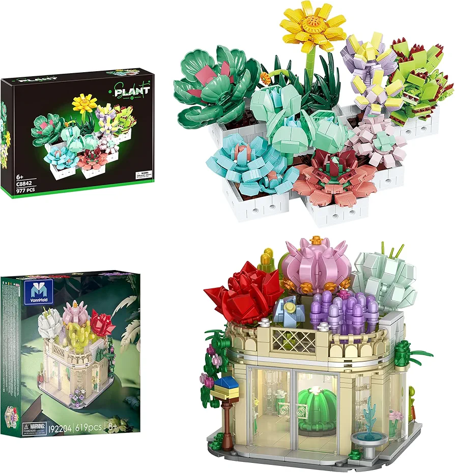 Succulent Flowers Set and Succulents House Building Block for Adults