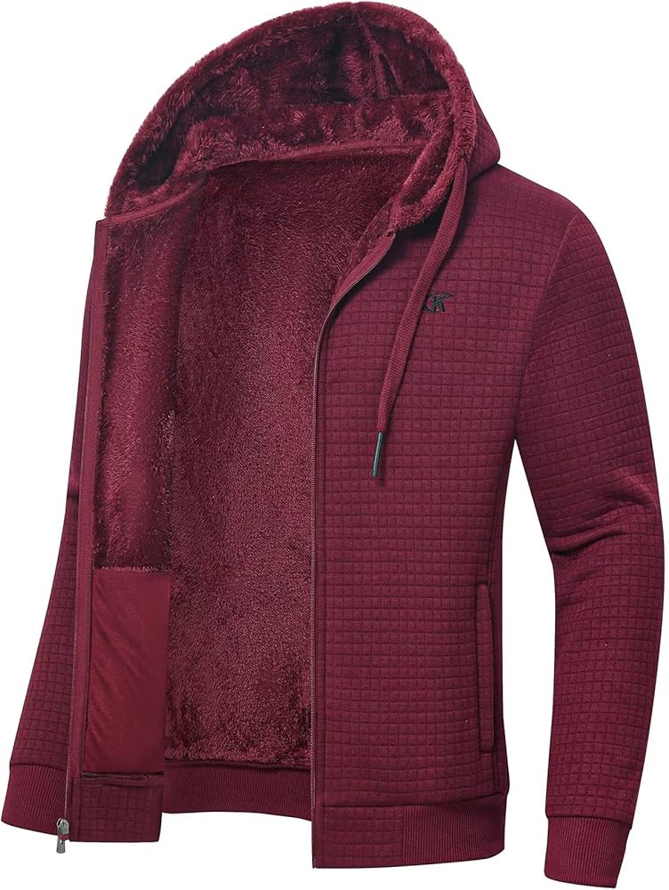 Men's Jacquard PlaidCloth Heavy Fleece Zipper Hoodie Sweatshirt Jacket Coat