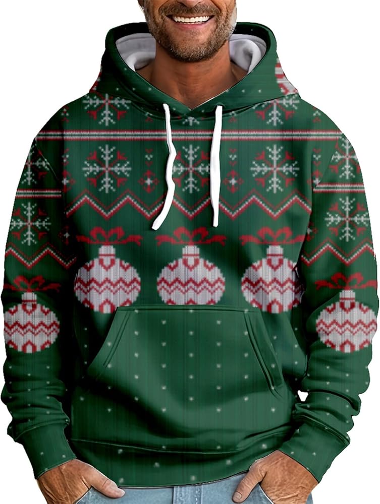 Mens Graphic Hoodies Christmas Elk Printed Hooded Flannel Warm Ugly Christmas Sweatshirt Oversized Unisex Winter Pullover