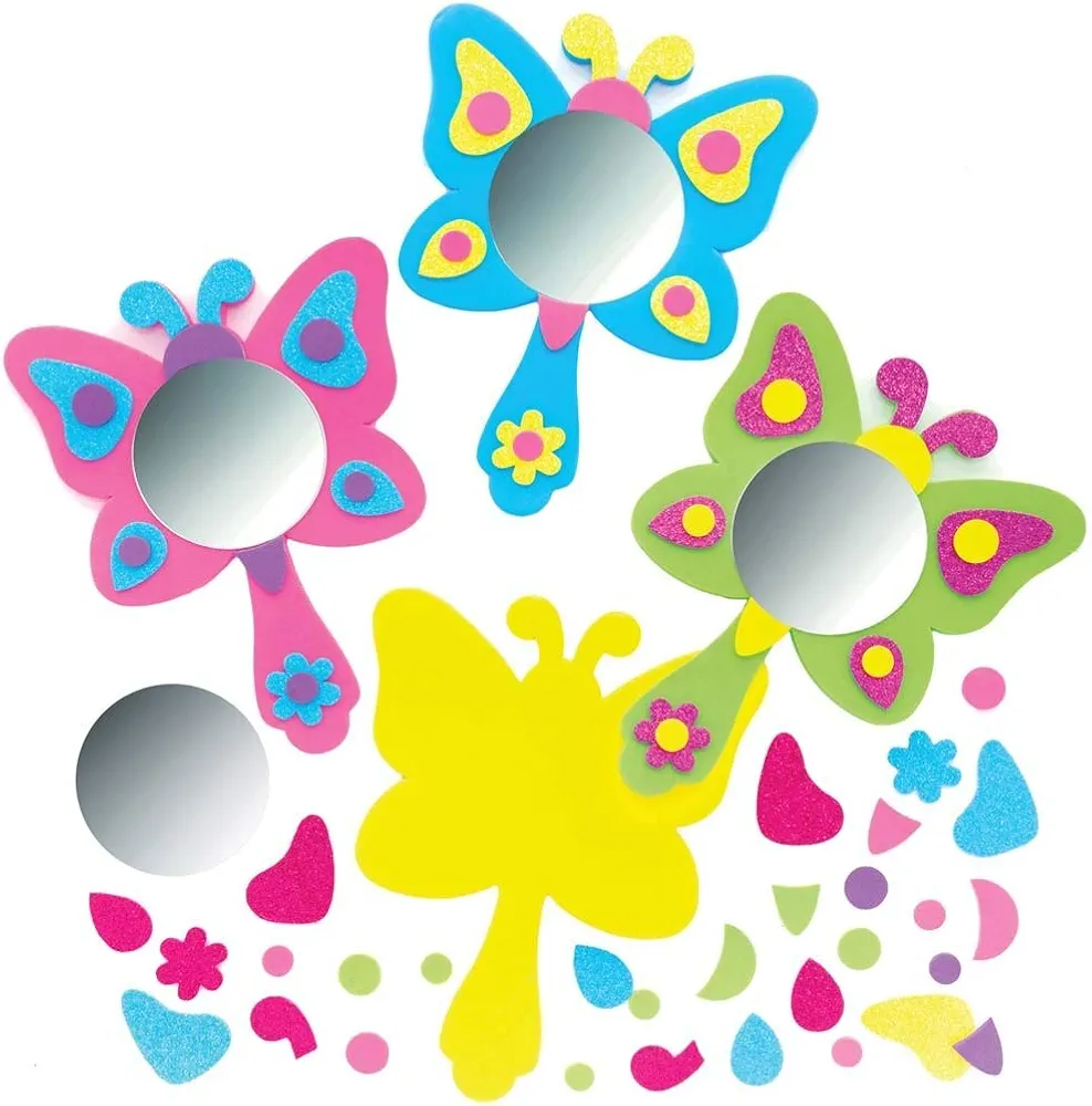 Baker Ross FE121 Butterfly Craft Mirror Kits - Pack of 4, Foam Art Project for Kids, Decorate Your Own Colorful Crafts