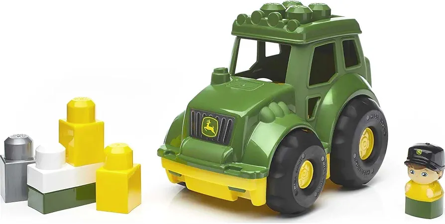 MEGA BLOKS John Deere Toddler Building Blocks Toy Set, Lil’ Tractor with 6 Pieces and Storage, 1 Figure, Green , Ages 1+ Years