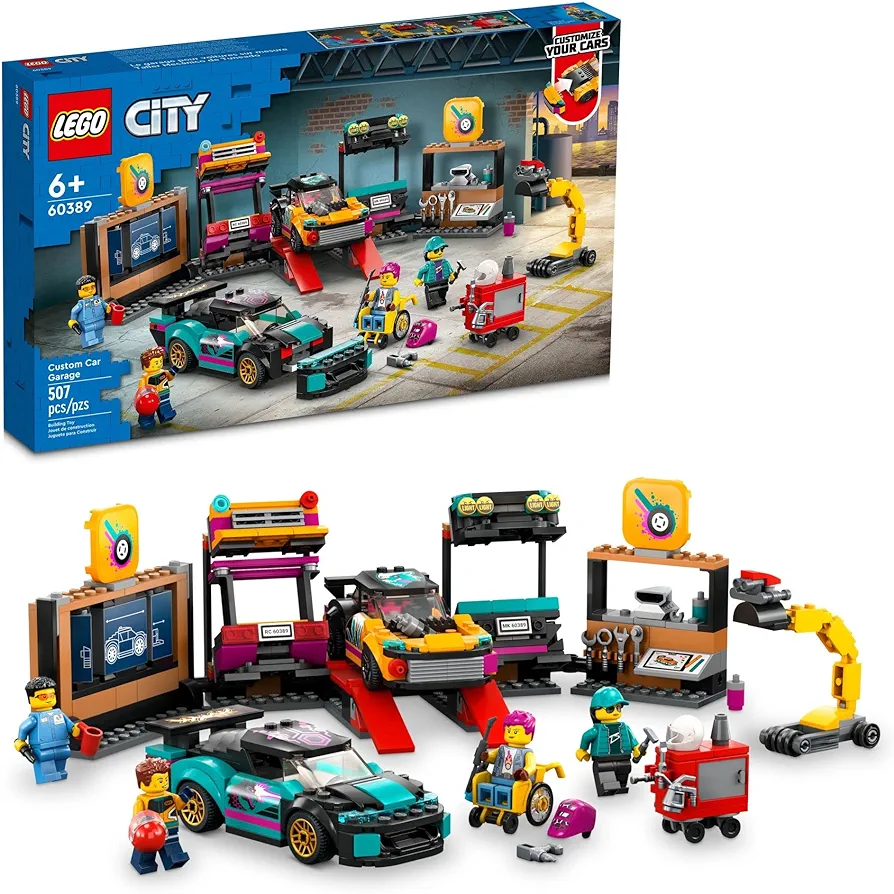 LEGO City Custom Car Garage, Toy Garage Building Set with 2 Customizable Cars, Pretend Play Mechanic Toy with 4 Mini Figures, Birthday Gift Idea for Boys, Girls, Kids Who Love Cars Age 6+, 60389