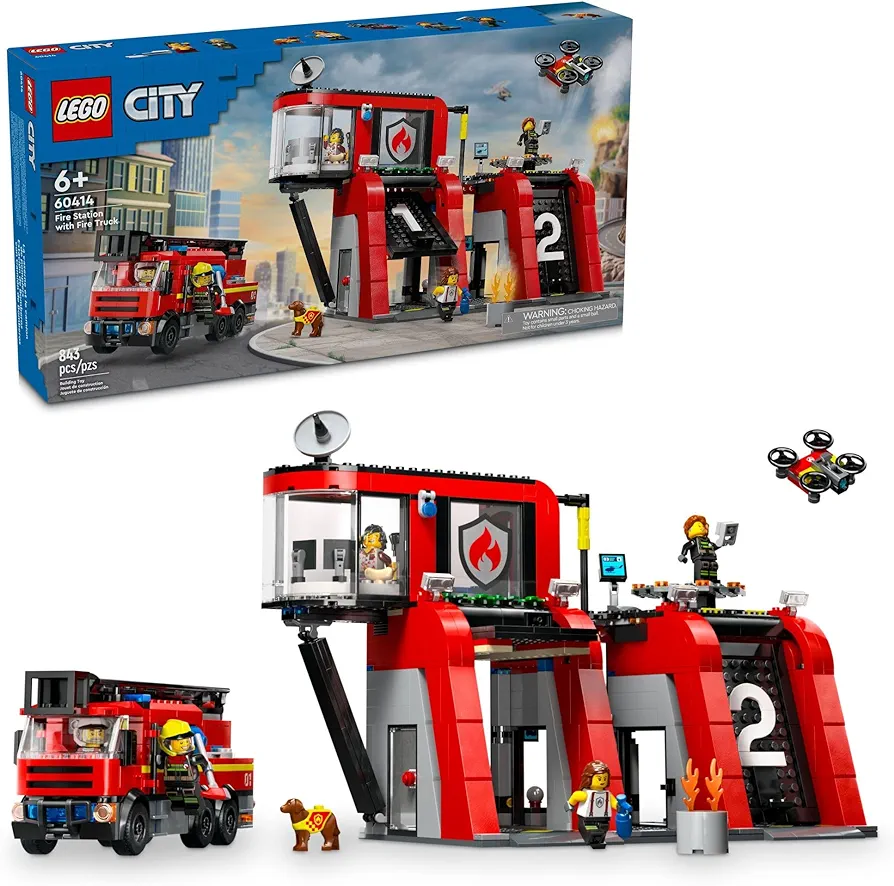 LEGO City Fire Station with Fire Truck Toy, Action Packed Fire Station Toy Playset, Birthday Gift Idea for Kids Ages 6 and Up who Love Pretend Play Toys, Includes a Dog Figure and 5 Minifigures, 60414