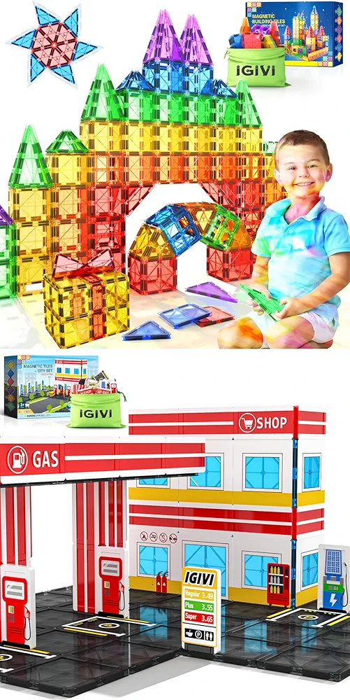 Magworld Expansion Pack & Magnetic Tiles Gas Station Playset,STEM Building Blocks Toys & Games, Sensory Toys for Toddlers, 3 4 5 6 7 8 Year Old Boy Birthday Gift