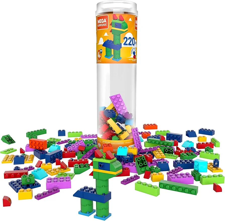 MEGA Construx Kids Blocks Toy Set, Open-Ended Building Bricks Tube with 220 pieces in Rainbow Colors, Ages 4+ Years