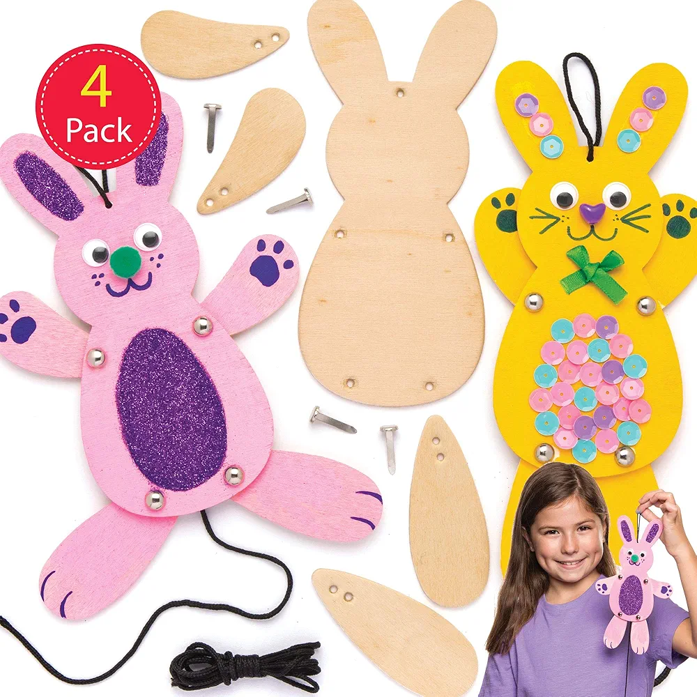 Baker Ross Bunny Wooden Puppet Kits - Pack of 4, Easter Crafts for Kids to Assemble and Decorate (AW331)