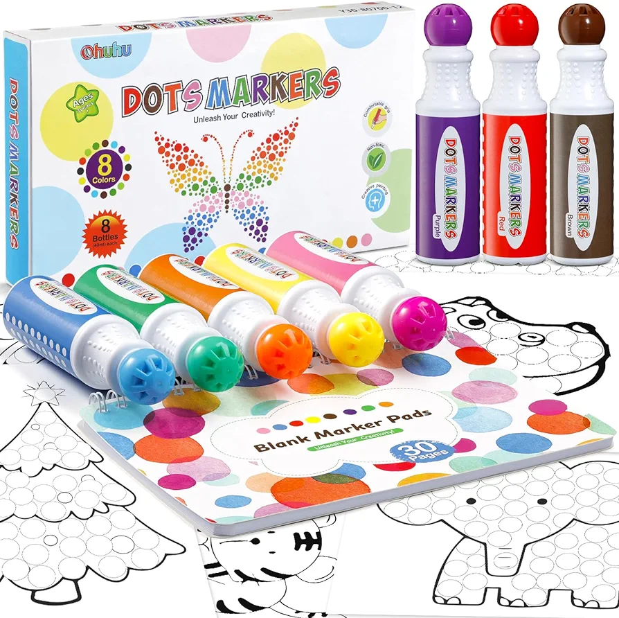 Ohuhu Washable Dot Markers for Toddler 8 Colors Bingo Daubers 40 ml (1.41 oz) with a Blank 30 Pages Kids Activity Book for Kids Children (3 Ages +) Preschool Non-Toxic Water-Based Dot Art Markers