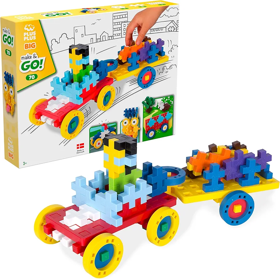 PLUS PLUS Big - Make & GO! - 70 Pieces - Construction Building Stem/Steam Toy, Interlocking Large Puzzle Blocks for Toddlers and Preschool