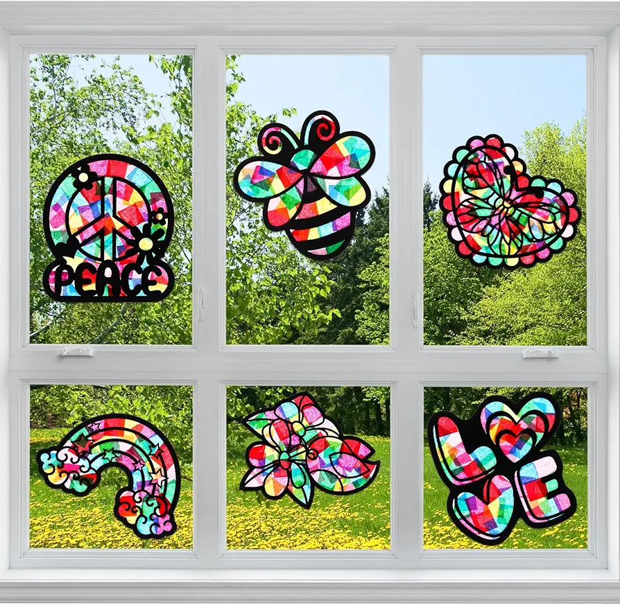 Yeaqee 24 Pack DIY Suncatcher Paper Crafts 4 Style Stained Glass Effect Paper Suncatchers, 700 Tissue Papers, Window Art Arts and Crafts for Party Favors Toys（Spring,Summer）