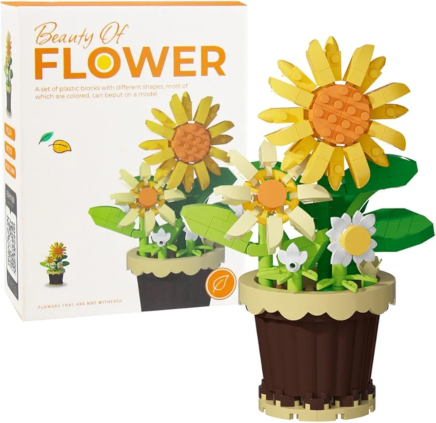 BOROLA Mini Building Block Flower Potted Plants Set, Colorful Cute Small Toy Plant Basket, Creative Block Flower Collection Home Office Decor Desktop Trinkets Birthday Gifts(Sunflower Blocks)