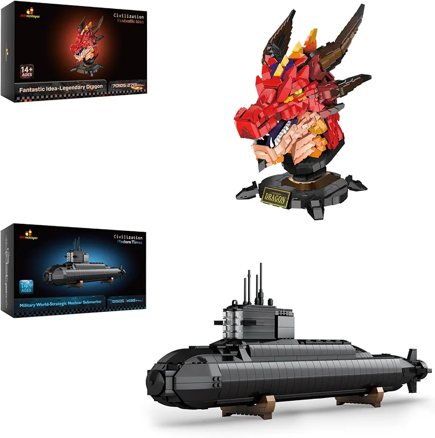 JMBricklayer Dragon Head Building Kit 70105 & Nuclear Submarine Building Set 61505, Collectible or Home Room Decor, Gifts for Boys Teens Adults