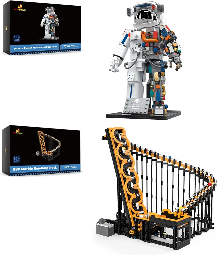 JMBricklayer Space Astronaut Building Blocks Kit & Electric Marble Run Building Kit, Harp Track Great Ball Contraption Roller Coaster Building Sets, Art Dynamic Display Model Office Room Decor