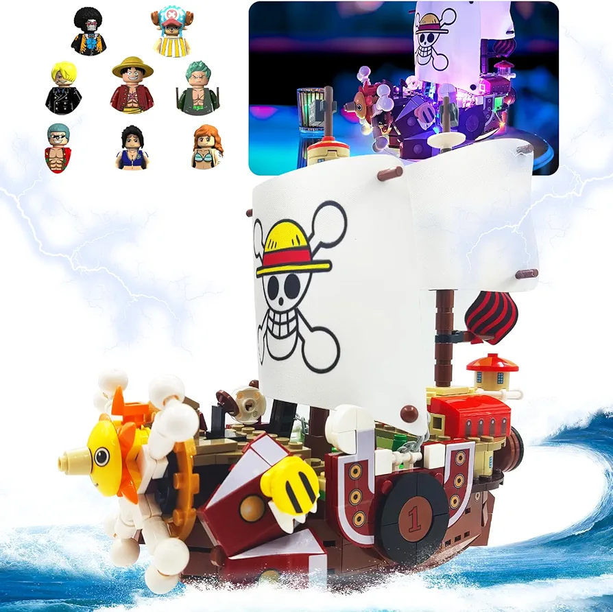 One Piece Anime Thousand Sunny Ship Building Blocks, Featuring 9 Action Figures Compatible with lego, One Piece Merch Pirate Boat Building Brick with LED Light Ideal Gift for Kid, Adult(432 PCS)