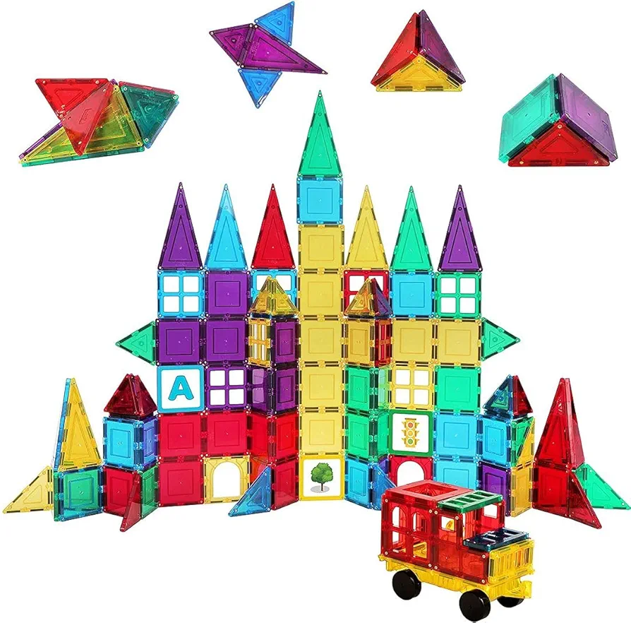 Shapemags Magnetic Tiles for Kids 100 Piece Set - Educational 3D Magnetic Building Blocks for Toddlers - Construction Magnet Toys Kit with Car Base and Stabilizer Plate