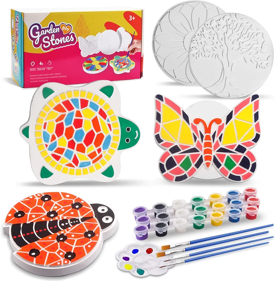 IFLOVE Paint Your Own Stepping Stones for Kids Craft Kits，Arts and Crafts for Kids Ages 4-8,5 Pack Painting Crafts for Girls Ages 8-12，Outdoor Toys Art Supplies Toddler Fun Activities Birthday Gift