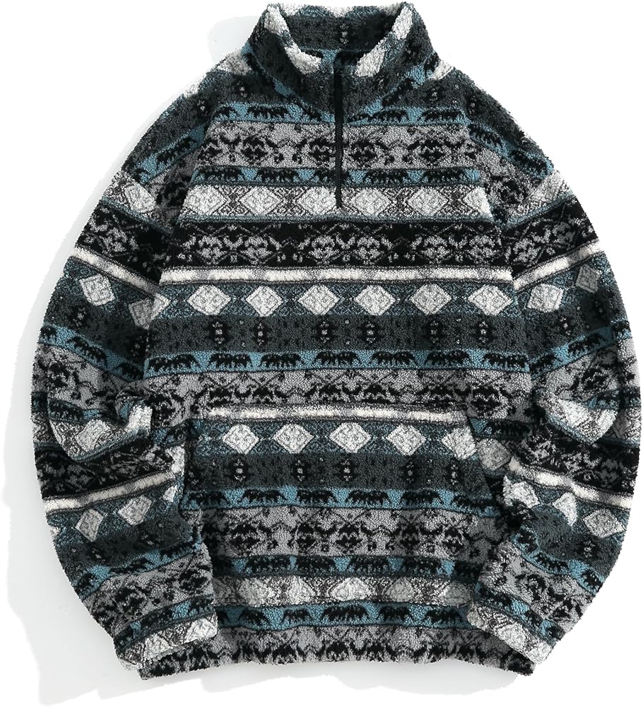 ZAFUL Mens 1/4 Zipper Fleece Sherpa Pullover Sweatshirt Ethnic Aztec Printed Kangaroo Pocket Fall Winter Unisex Hoodie Tops