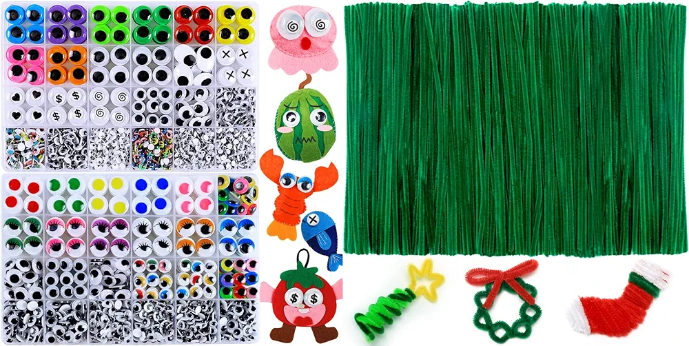 200pcs Christmas Green Pipe Cleaners+2310pcs Googly Wiggle Eyes, Art and Craft Supplies.