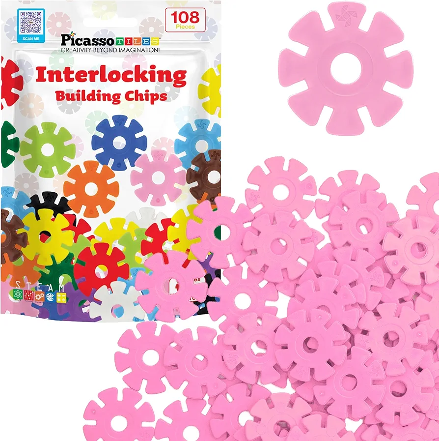 PicassoTiles Building Chip Interlocking Disc Construction Blocks in Pink Color STEM Learning Early Education Toy Engineering Playset Child Brain Development for Toddlers Girls Boys Kids Age 3+ PTF108