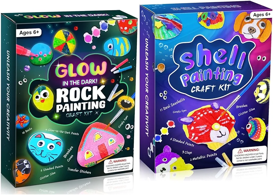 Glow in The Dark Rock Painting Kit+Sea Shell Painting Kit, 2 Pack 58 Pcs Arts and Crafts for Kids 4-6, Summer Toys Arts and Crafts for Kids Ages 8-12, Outdoor Toys for Ages 5-7 8-13, Party Supplies