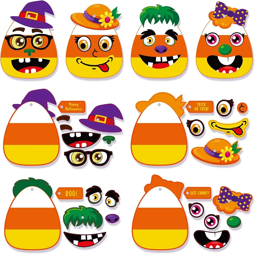 Sumind Halloween Candy Corn Craft Kits for Kids Halloween Activities DIY Handicraft Fun Home Activities for Birthday Activities Party Supplies Classroom Arts, 4 Styles (36 Sets)