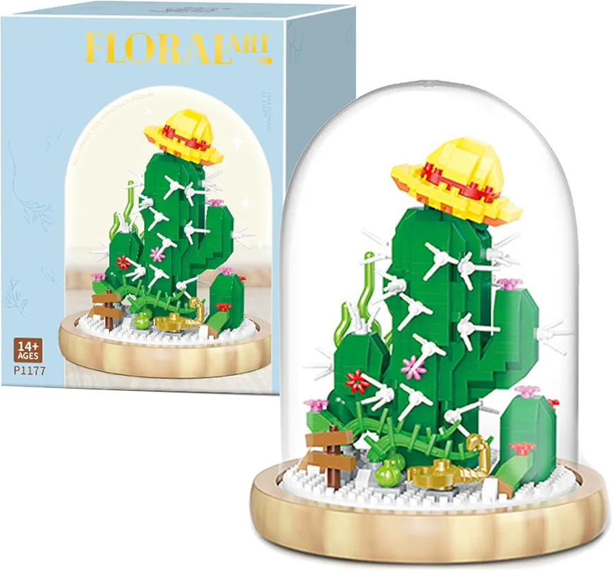 MARM Flower Bouquet Building Kit, Micro Blocks Botanical Collection Building Blocks for Adults or Teens Gifts, with Dust Cover and Wooden Base (Cactus, 670PCS)