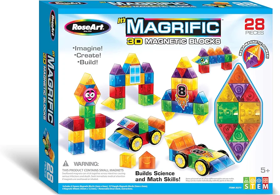 Cra-Z-Art Magrific 3D Magnetic Blocks 28 Piece Set - Colorful Magnet Building Tiles with 3D Blocks, Vehicle Wheels - STEM Skills