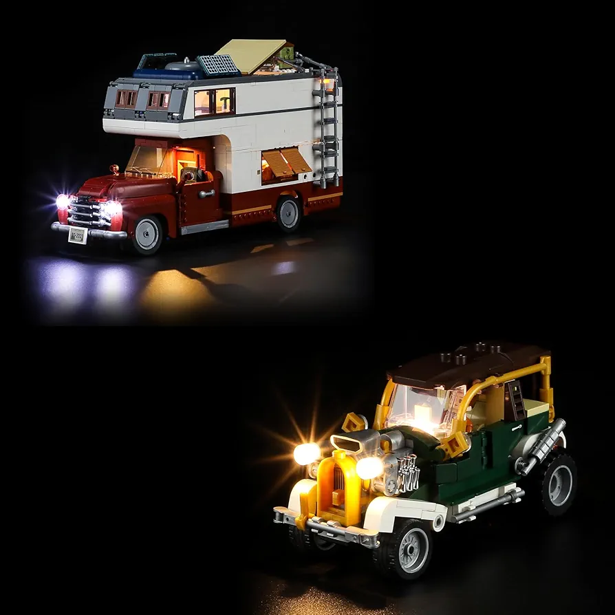 FUNWHOLE Lighting Building Bricks Set Camper Van and Vintage Car