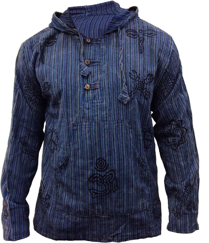 Shopoholic Fashion Mens Stonewashed Striped Hooded Grandad Shirt