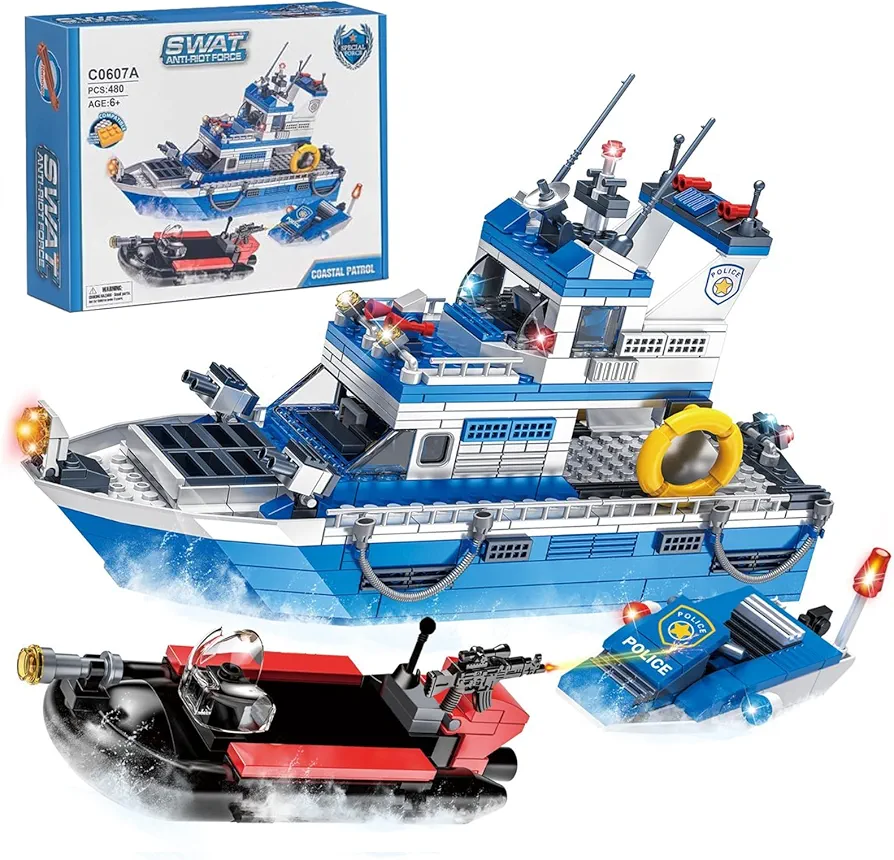 City Boat STEM Building Blocks Sets(480 Pcs) Rescue Boat Toy for Kids Ages 6 and Up, Compatible with City Police Boat and Ship Playsets Rescue Boat That Float Building Blocks Kit