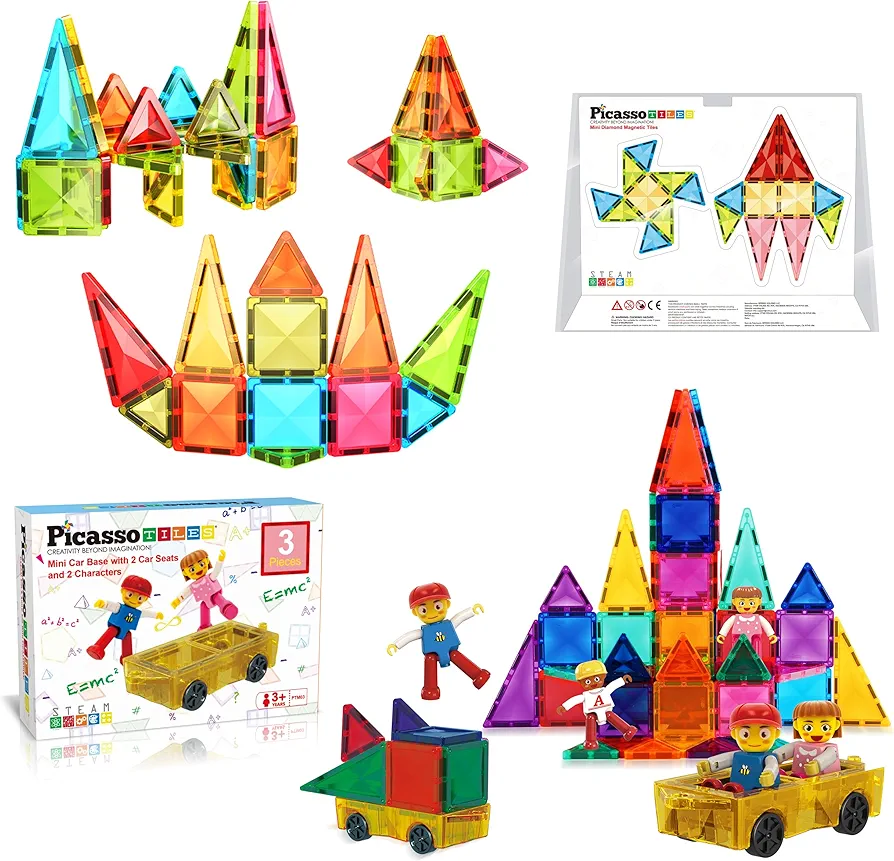 PicassoTiles 36PC Magnetic Mini Diamond Building Tiles + Mini Tiles Expansion Car Truck with 2 Action Figures, Travel Size On-The-Go STEAM Learning Playset, Pretend Play Toy for Boys and Girls