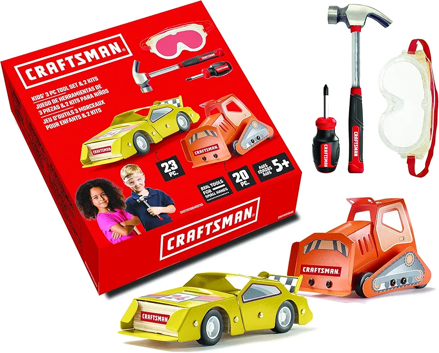 CRAFTSMAN Bundle 4 OK013-CM Sprint Racer Kit, OK017-CM Bulldozer Kit, PH Mini Screwdriver, Hammer, Safety Goggles