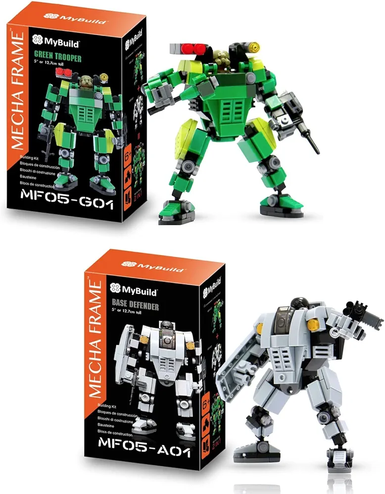 MyBuild Mecha Frame Building Brick Kit - Base Defender and Green Trooper Mech and Mini Pilots, for Age 10 and Up